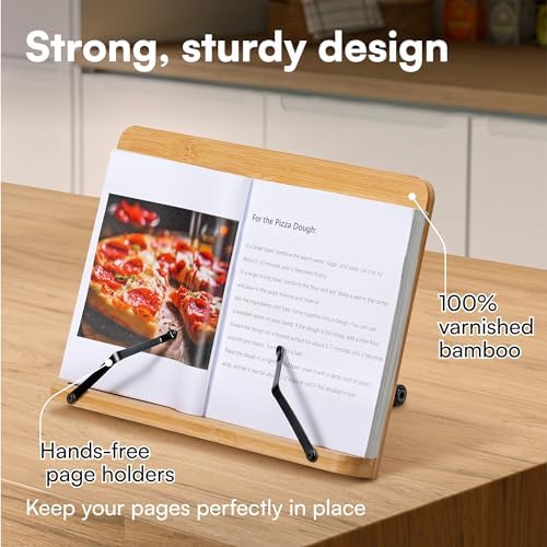 HS Bamboo Recipe Book Holder - Foldable Stand for Desk Kitchen and Bed