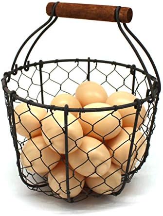 CVHOMEDECO Round Chicken Wire Egg Basket with Wooden Handle