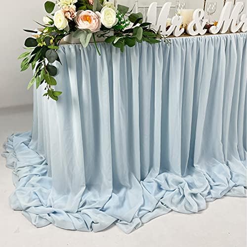 Blue Pooling Chiffon Table Skirt 14FT Extra Length