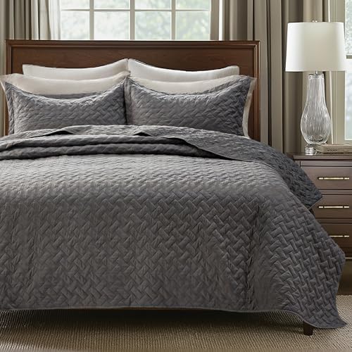 Bedsure Queen Size Quilt - Grey Basket Weave Bedspread with Soft Touch