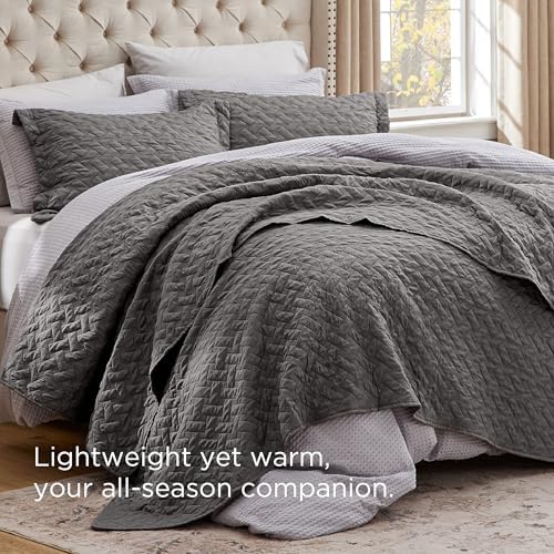 Bedsure Queen Size Quilt - Grey Basket Weave Bedspread with Soft Touch