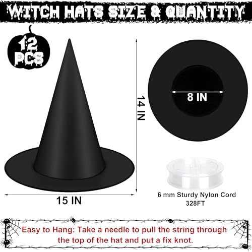 12 Piece Halloween Witch Hats with 328 FT Cord