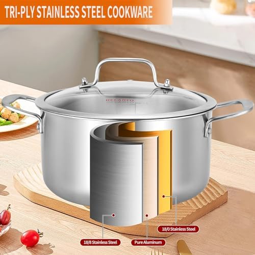 Delarlo Tri-Ply Stainless Steel 6 Quart Pot with Lid