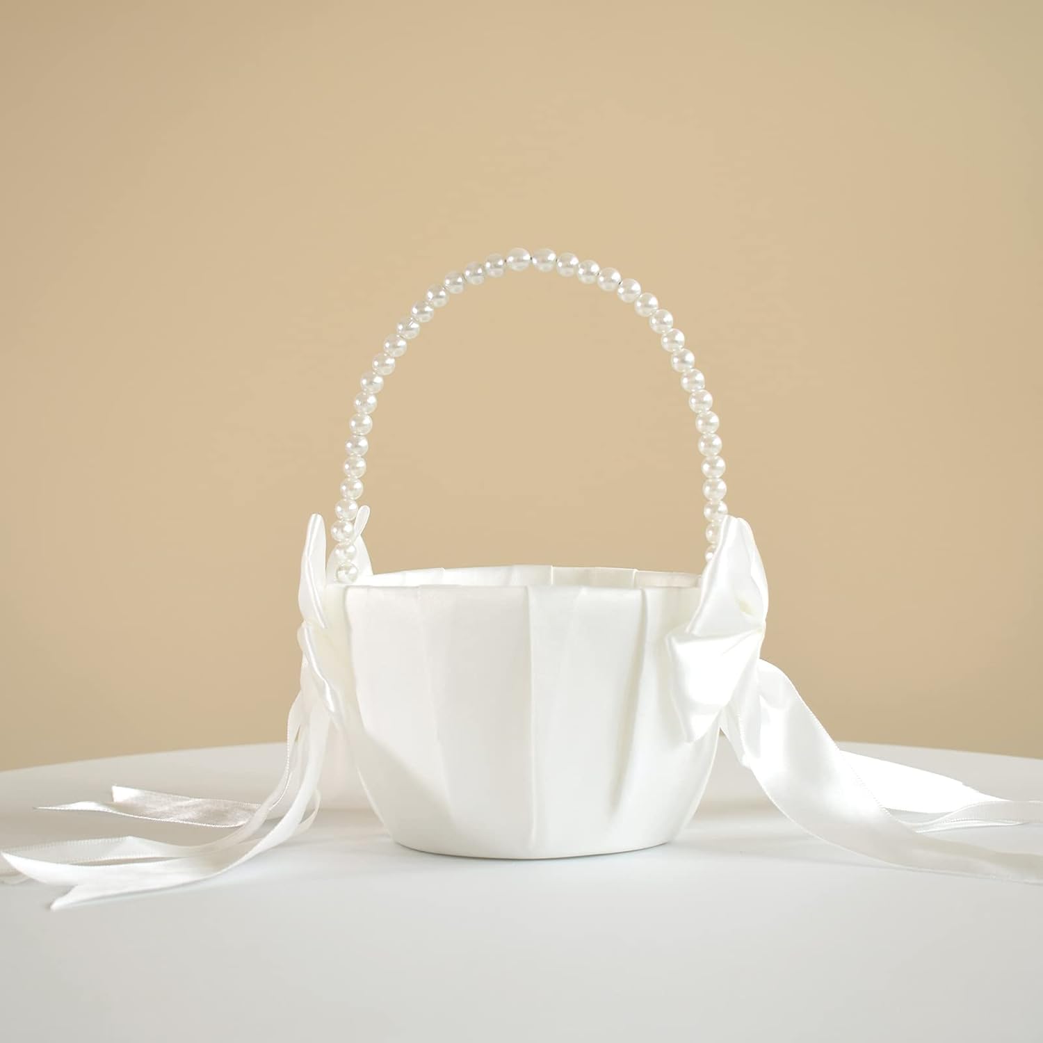 Wedding Flower Girl Basket with Pearl Handle and Bowknot