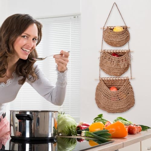 3-Tier Handmade Bohemian Hanging Fruit Basket for Kitchen Storage