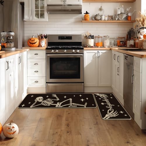 Artoid Mode Spooky Skeleton Spider Bone Kitchen Mats Set of 2 Black
