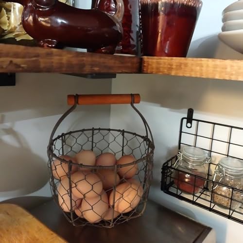 CVHOMEDECO Round Chicken Wire Egg Basket with Wooden Handle