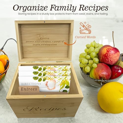 Wooden Recipe Box with 100 Labeled Cards Organizer for Family Recipes
