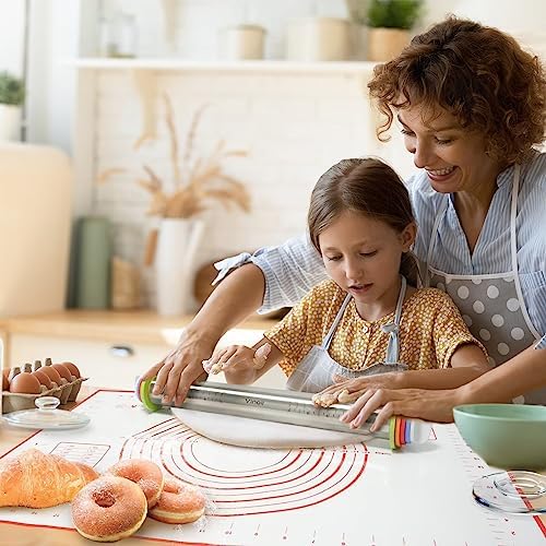 Stainless Steel Rolling Pin with Adjustable Rings and Silicone Mat Set