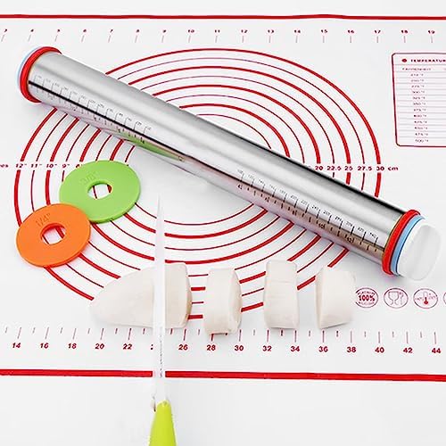 Stainless Steel Rolling Pin with Adjustable Rings and Silicone Mat Set