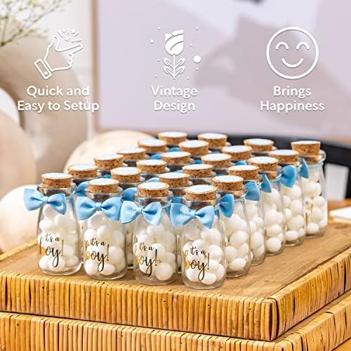 Small 12 Pack Its a Boy Milk Glass Bottles with Ribbons and Stickers