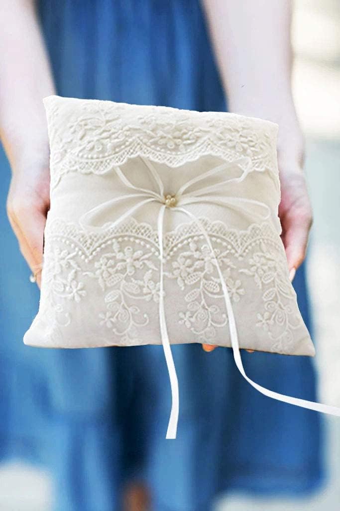 Wedding Ring Pillow with Pearl and Lace Design