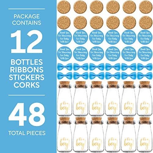 Small 12 Pack Its a Boy Milk Glass Bottles with Ribbons and Stickers