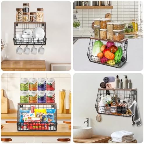 Livabber Fruit Basket with Wood Shelf and 4 S-Hooks