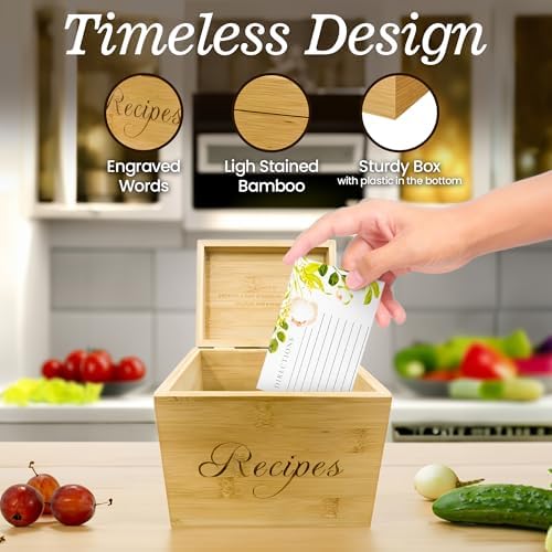 Wooden Recipe Box with 100 Labeled Cards Organizer for Family Recipes