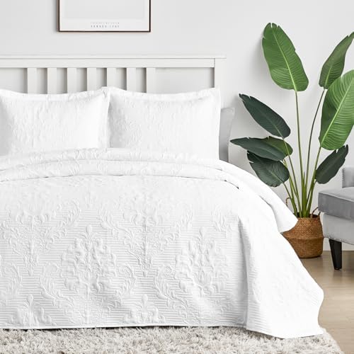 Hansleep White Quilt Queen Size - Soft Lightweight Bedspread Set 3 Pieces
