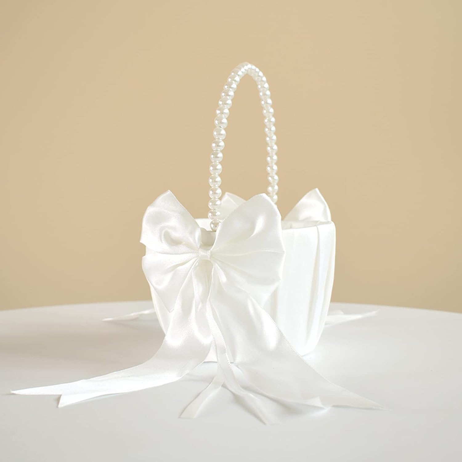 Wedding Flower Girl Basket with Pearl Handle and Bowknot