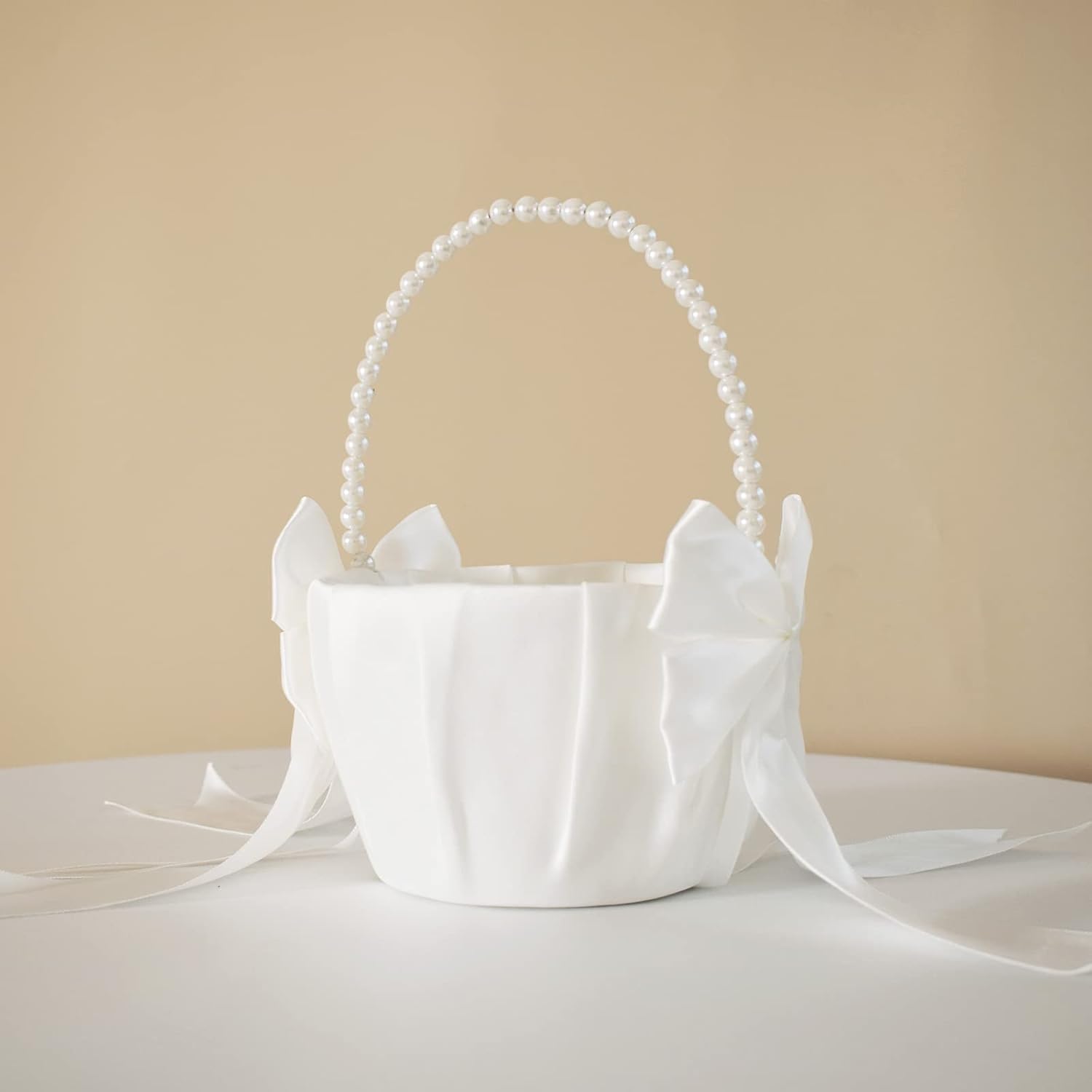 Wedding Flower Girl Basket with Pearl Handle and Bowknot