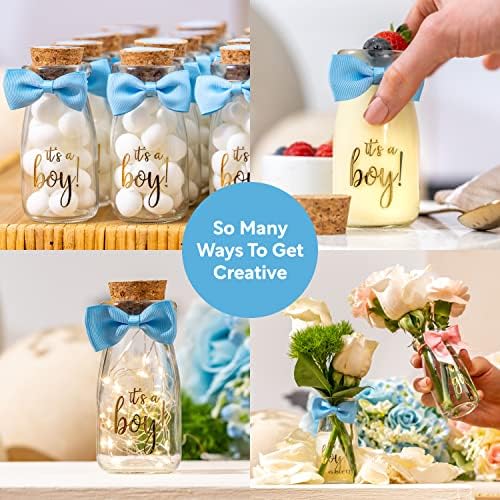 Small 12 Pack Its a Boy Milk Glass Bottles with Ribbons and Stickers