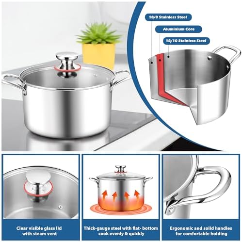 E-far 6 Quart Stock Pot with Glass Lid and Tri-Ply Steel