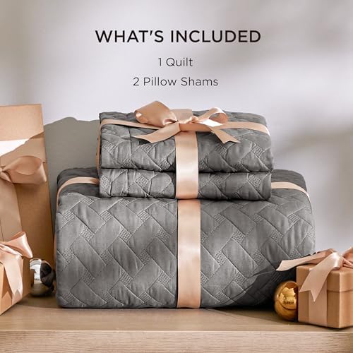 Bedsure Queen Size Quilt - Grey Basket Weave Bedspread with Soft Touch
