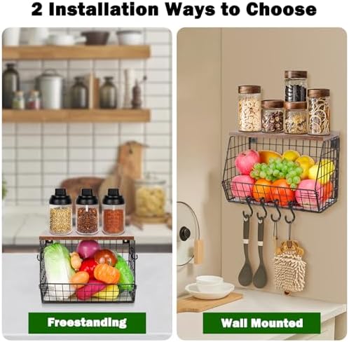 Livabber Fruit Basket with Wood Shelf and 4 S-Hooks