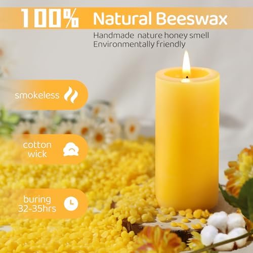 6 Pack Natural Beeswax Pillar Candles - 210 Hours Long Burning