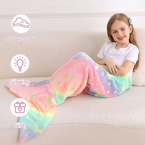 Viviland Kids Mermaid Tail Blanket - Glow in the Dark Super Soft Flannel 17x39