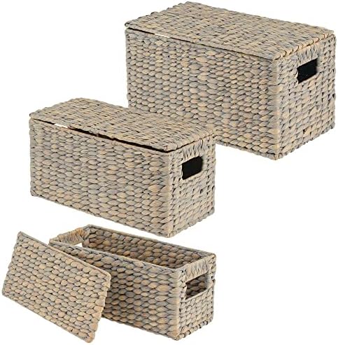 mDesign Woven Hyacinth Storage Baskets Set of 3 Gray