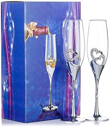 Silver Toasting Flutes with Rhinestone Heart Decor for Wedding