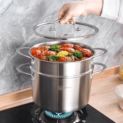 LOLYKITCH 3 Qt Tri-Ply Stock Pot with Lid and Steamer