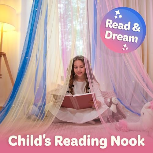 Bollepo Glowing Star Bed Canopy for Girls - Rainbow Mesh Netting