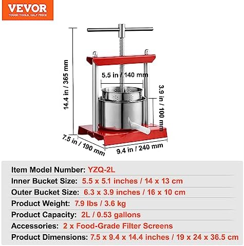 VEVOR Manual Wine Press 2L with Dual Barrels and T-Shaped Handle
