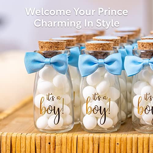 Small 12 Pack Its a Boy Milk Glass Bottles with Ribbons and Stickers
