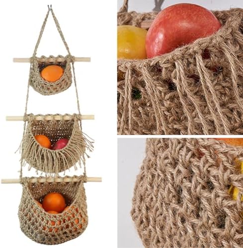 3 Tier Jute Hanging Fruit Basket for Kitchen