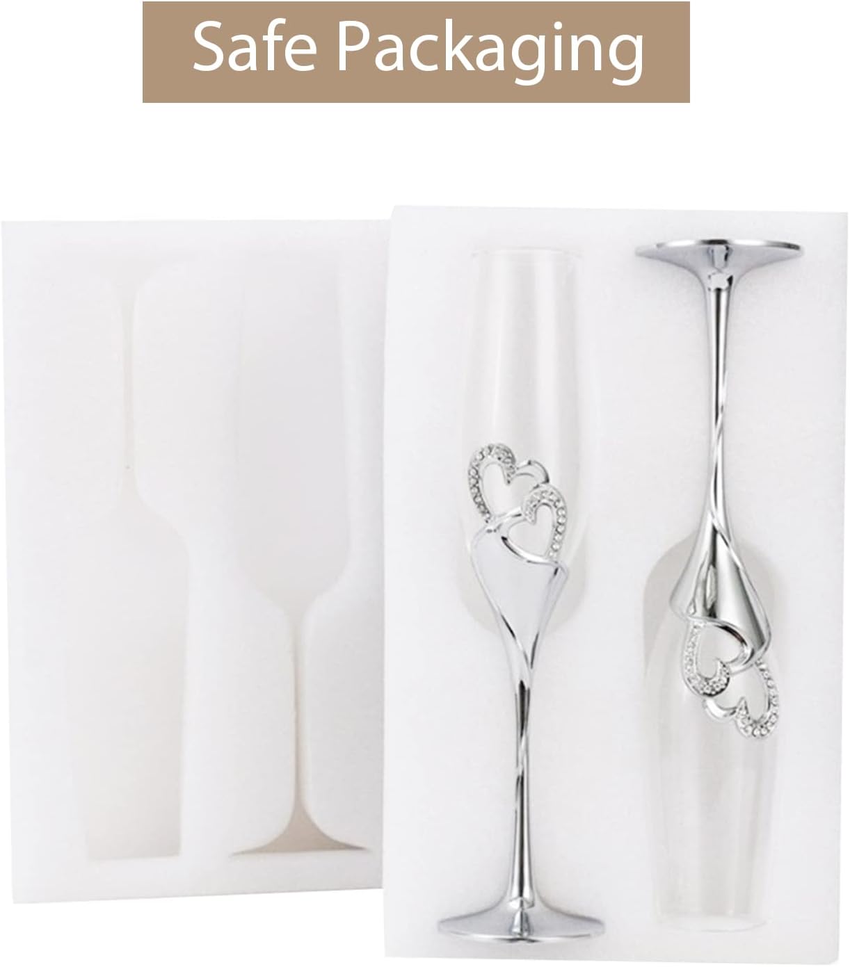 Silver Toasting Flutes with Rhinestone Heart Decor for Wedding