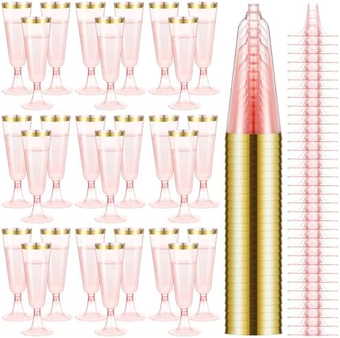 Dandat 100 Pcs Pink Champagne Flutes with Gold Rim