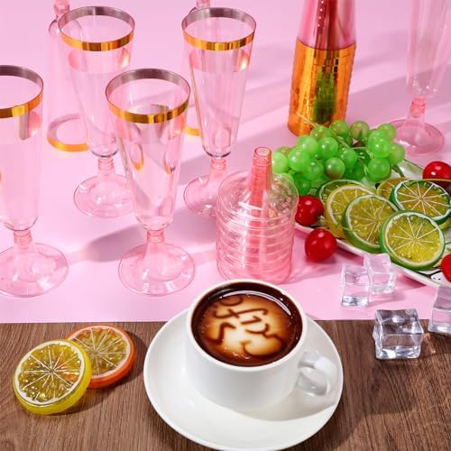 Dandat 100 Pcs Pink Champagne Flutes with Gold Rim