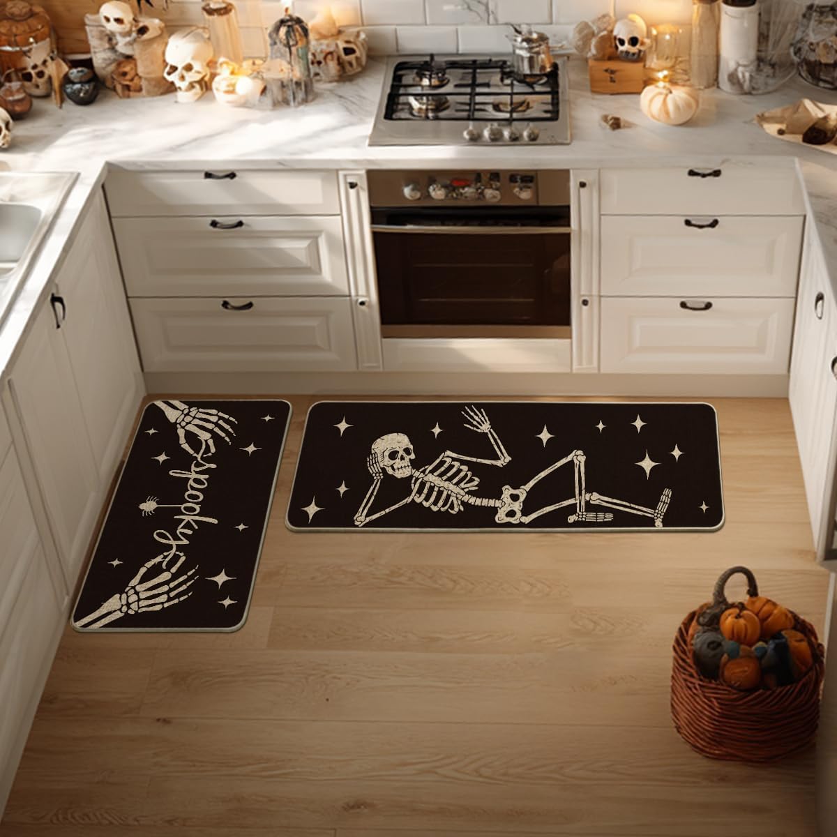 Artoid Mode Spooky Skeleton Spider Bone Kitchen Mats Set of 2 Black
