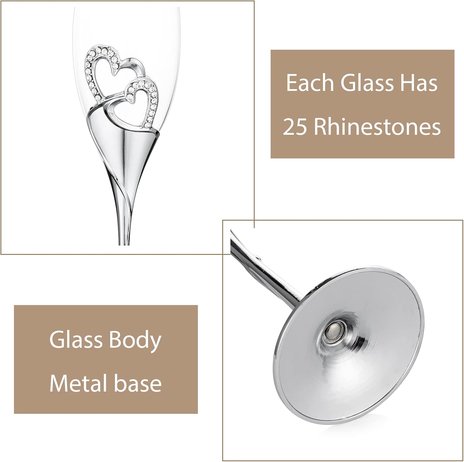 Silver Toasting Flutes with Rhinestone Heart Decor for Wedding