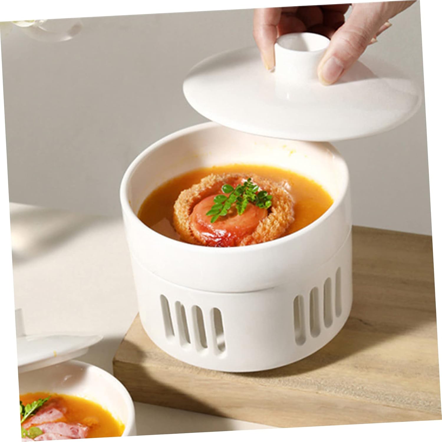 GLEAVI Ceramic Soup Stew Bowl with Lid and Heating Base