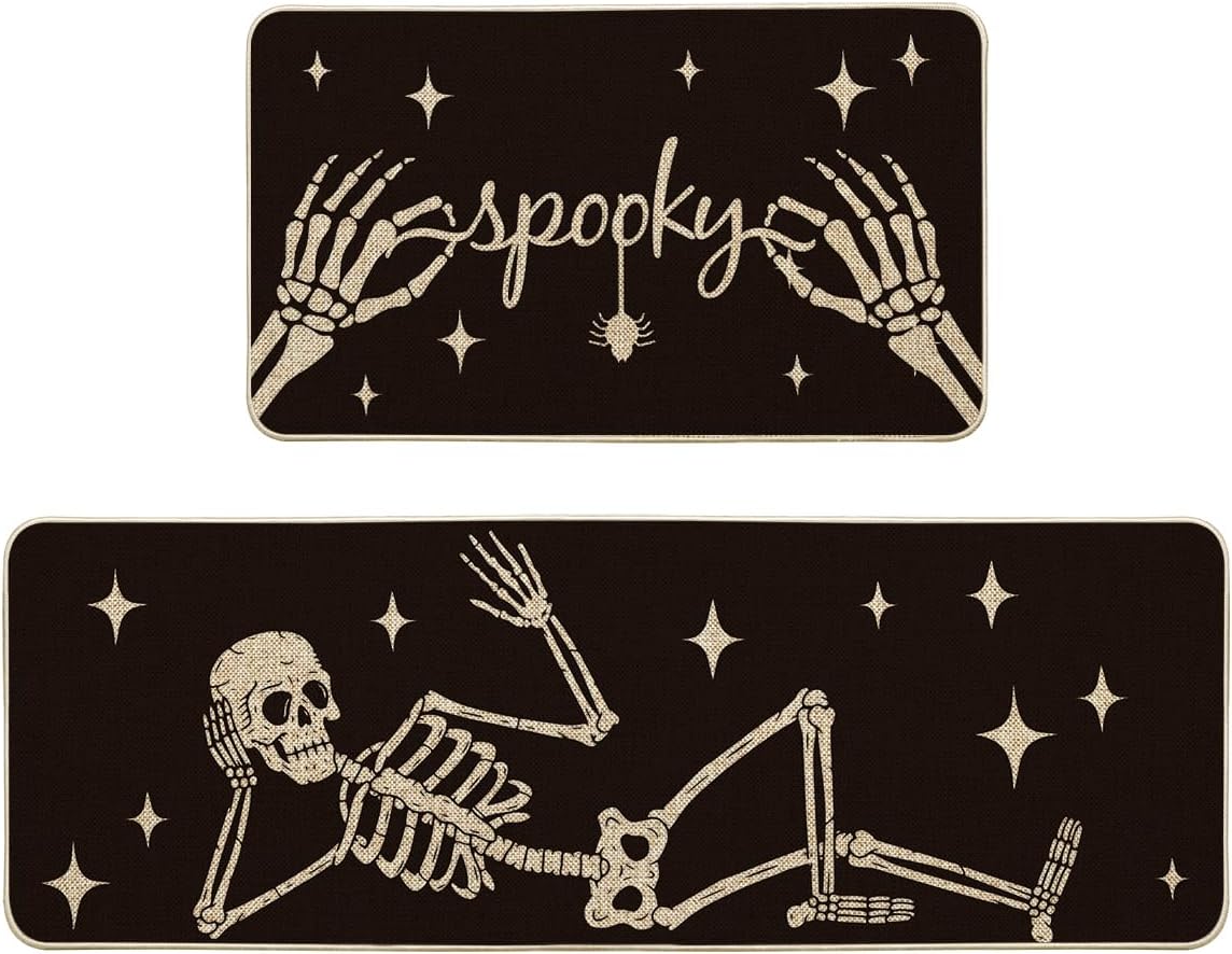 Artoid Mode Spooky Skeleton Spider Bone Kitchen Mats Set of 2 Black