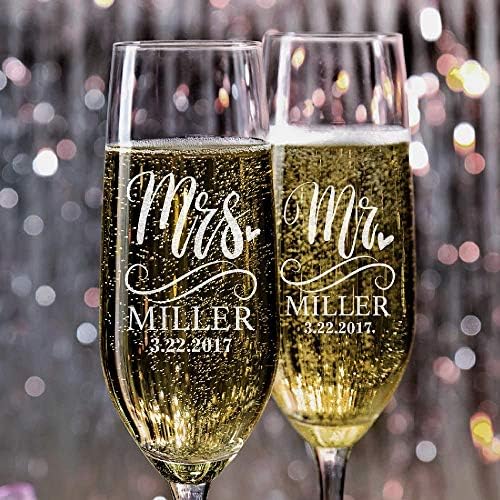 Personalization Lab Champagne Flutes Set of 2 with Last Name and Date