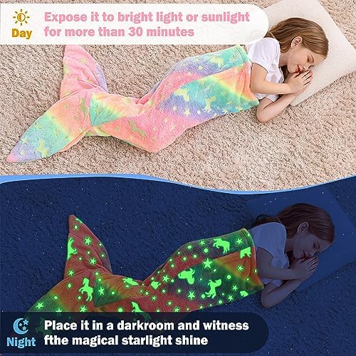 Viviland Kids Mermaid Tail Blanket - Glow in the Dark Super Soft Flannel 17x39