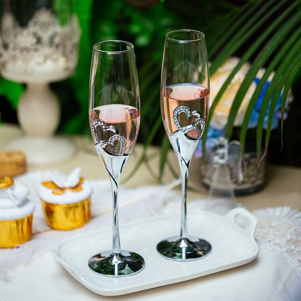 Silver Toasting Flutes with Rhinestone Heart Decor for Wedding