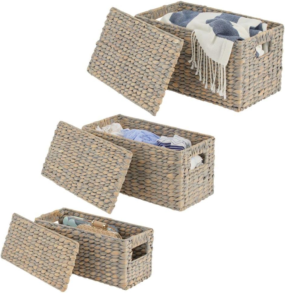 mDesign Woven Hyacinth Storage Baskets Set of 3 Gray