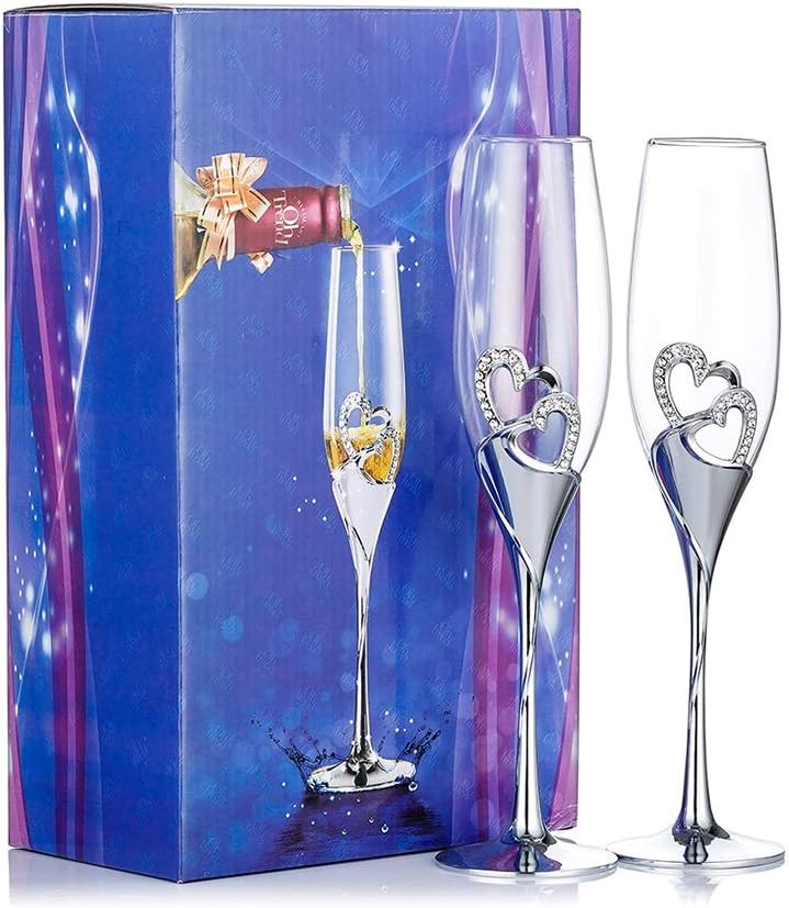 Silver Toasting Flutes with Rhinestone Heart Decor for Wedding
