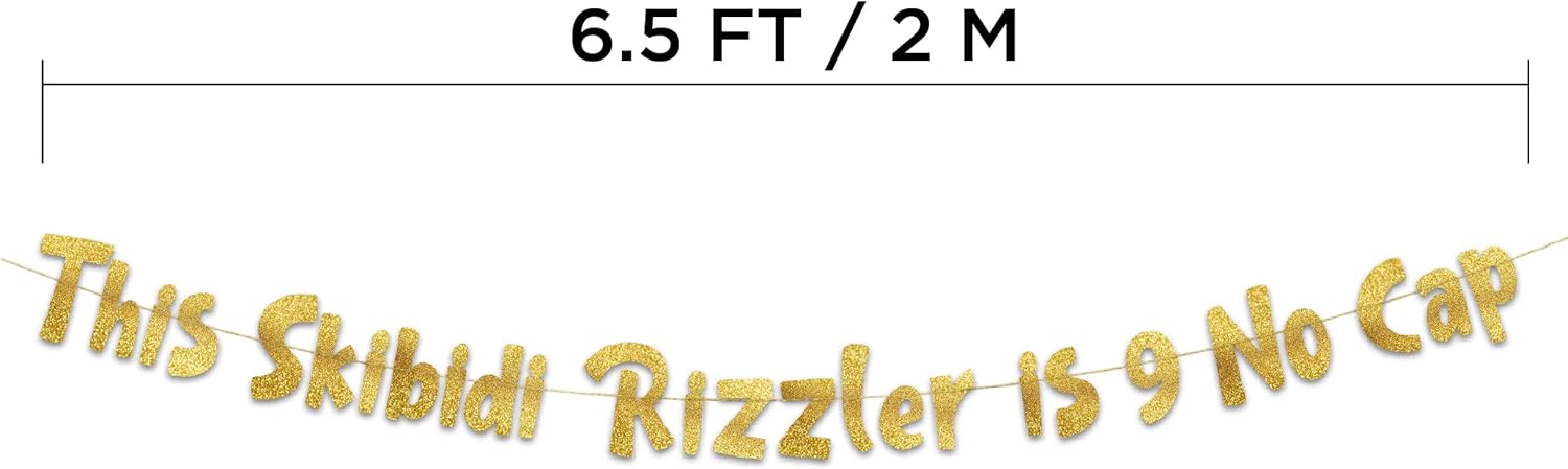 9 No Cap Gold Glitter Banner for 9th Birthday Party Supplies