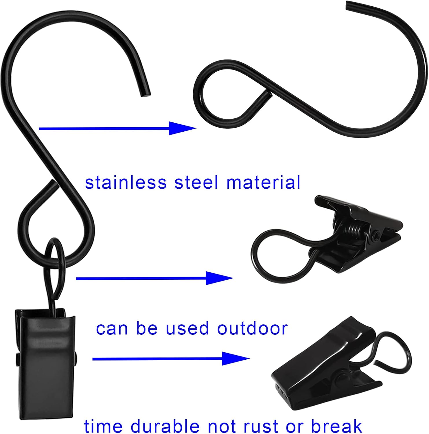 Stainless Steel S Hooks Curtain Clips 50 Pack Black 3 Inch