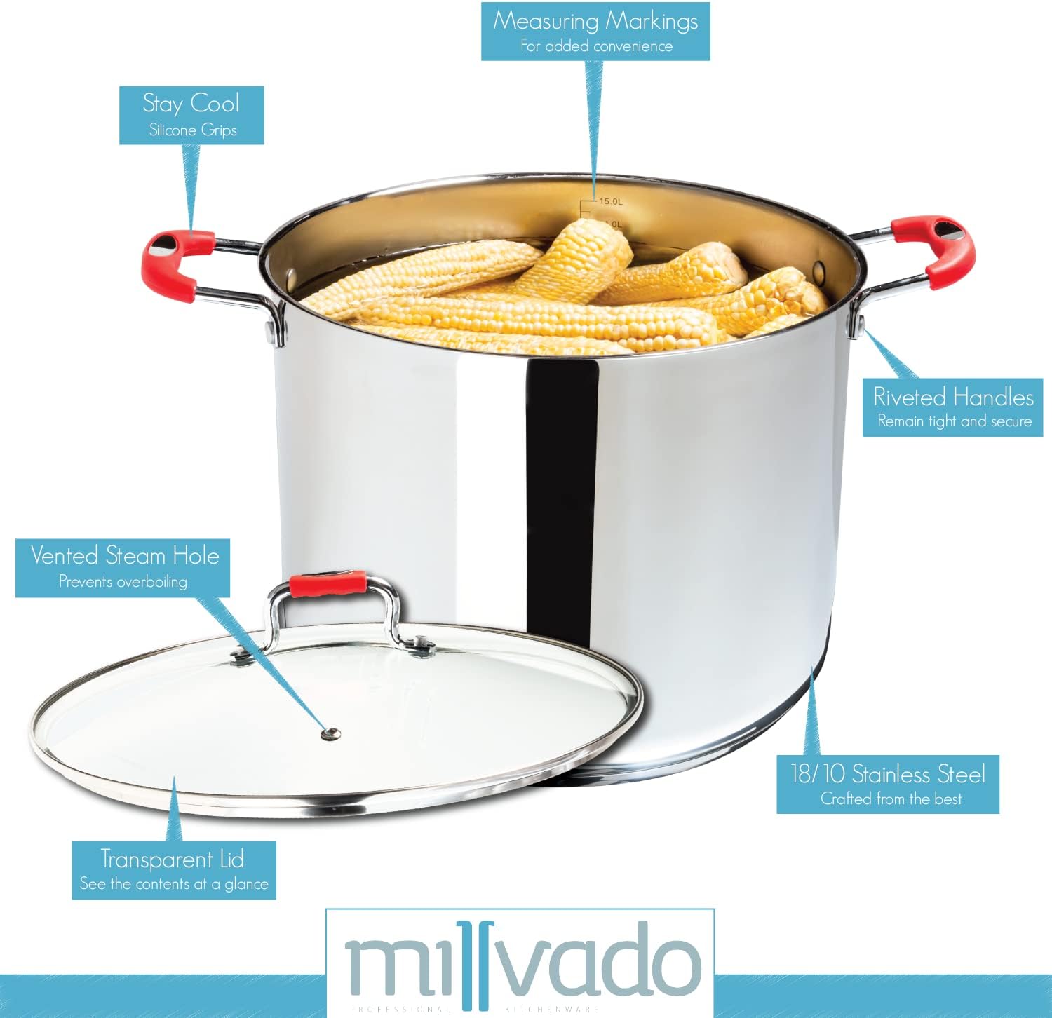 Millvado 6 Quart Stainless Steel Stock Pot with Glass Lid